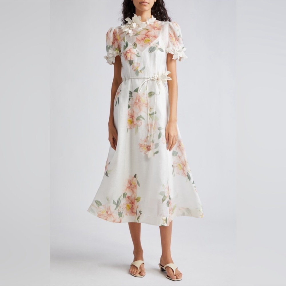 Zimmermann White and Pink Floral Midi Dress